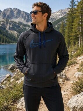 Nike Therma-FIT Mens Hoodie Navy Blue Graphic Swoosh Pullover Sweatshirt Medium